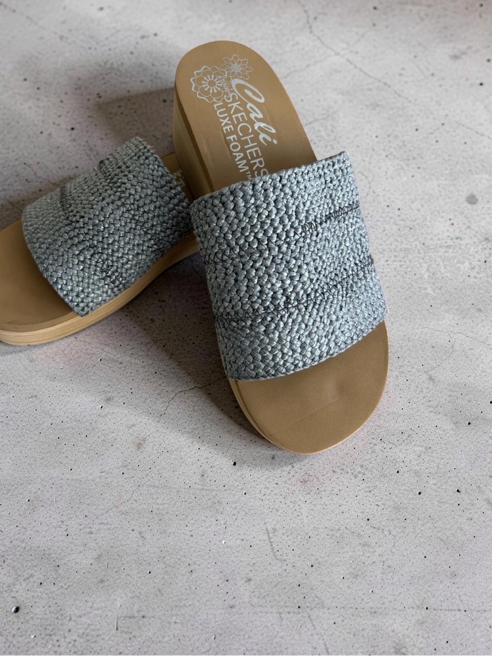 Skechers Woven Slide Sandals - Light bluish grey Upper with Tan Sole